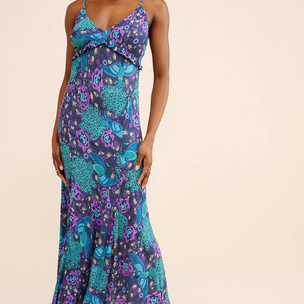 SPELL & The Gypsy Boheme Bias Slip Maxi Dress Peacock Blue/Purple boho gown MED